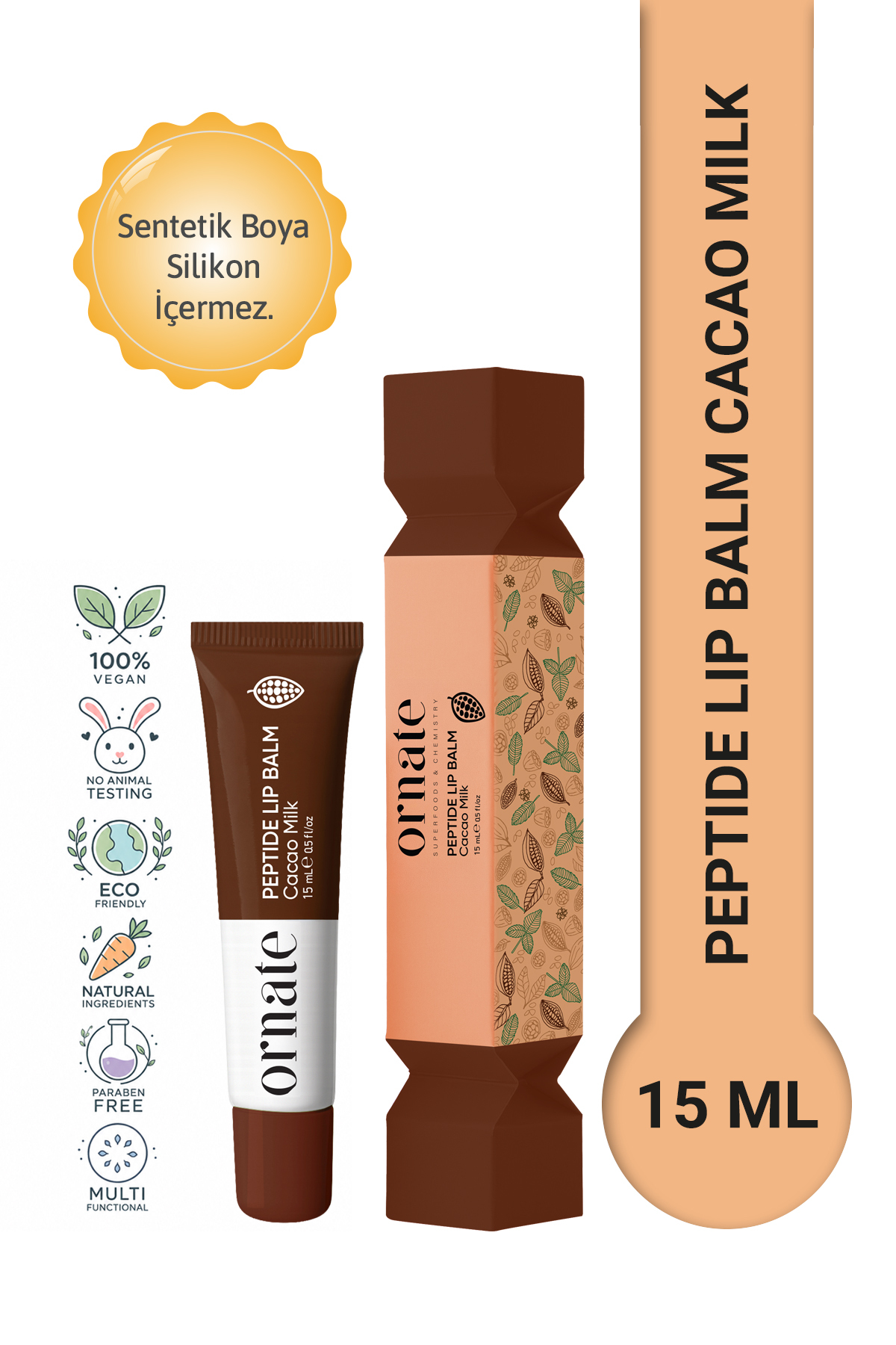 ORNATE Peptide Lip Balm Cacao Milk , Nemlendirici, Parlatıcı Lip Balm Kakao Ceramide Vitamin E 15mL