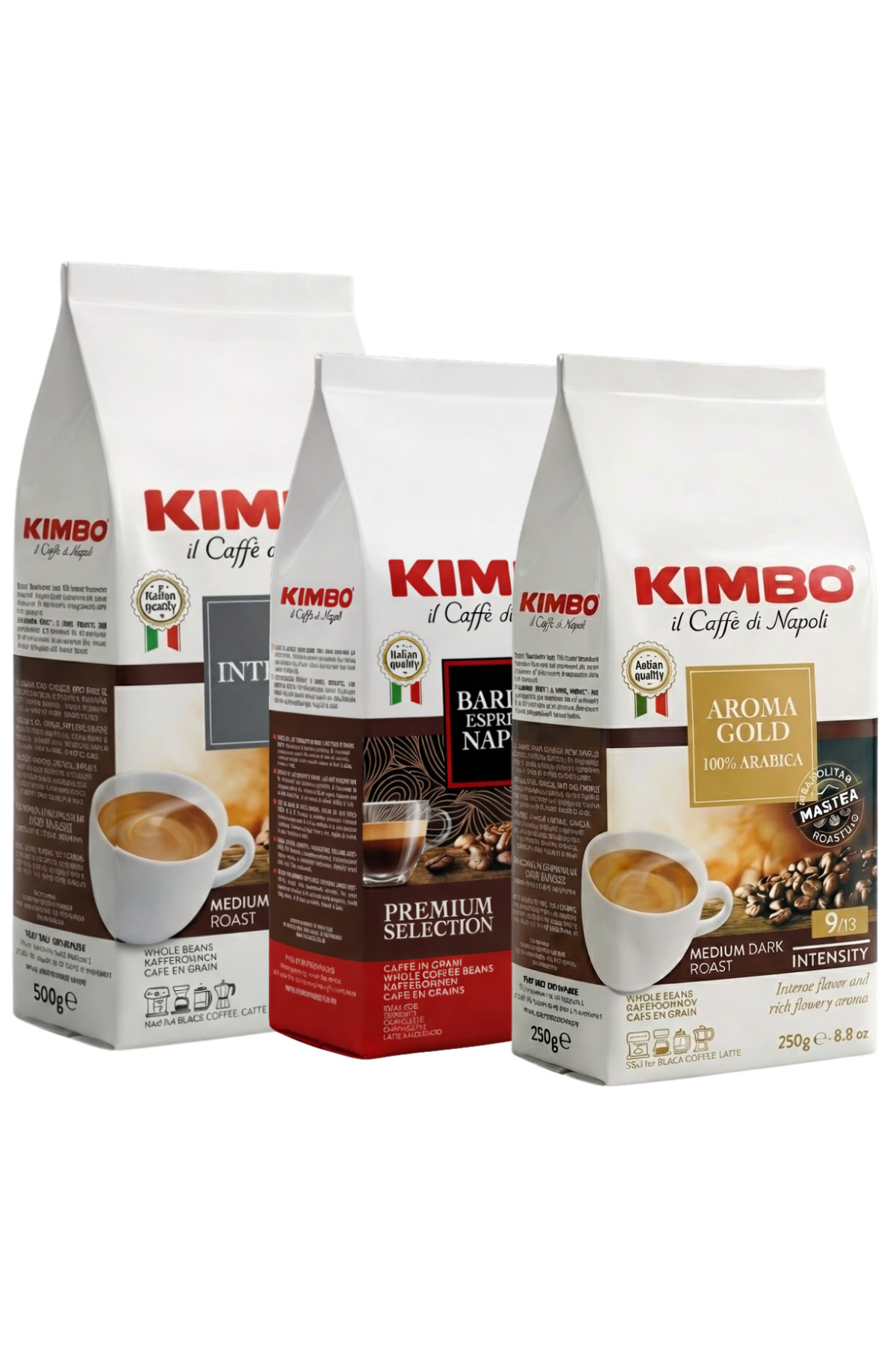Kimbo Espresso Napoli 250 gr + Aroma Gold 250 gr + Intenso 500 gr Çekirdek Kahve (3'lü Set)