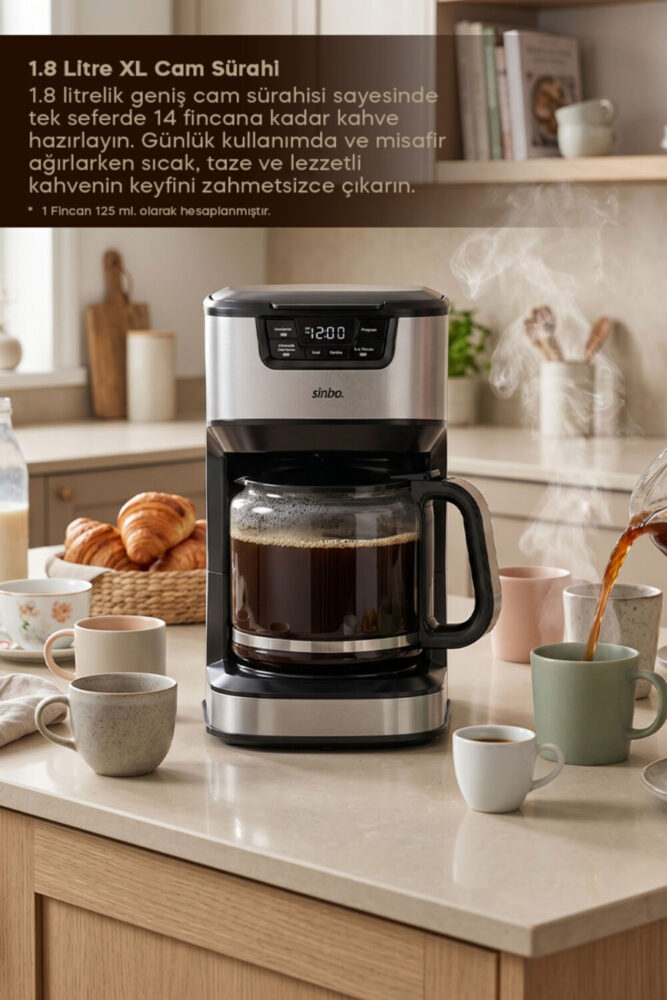 Sinbo SCM-9040 Otomatik Zaman Ayarlı XL 14 Fincan Filtre Kahve Makinesi Dijital Göstergeli - Görsel 2