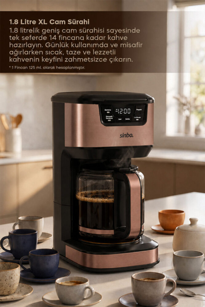 Sinbo SCM-9040 Otomatik Zaman Ayarlı XL 14 Fincan Filtre Kahve Makinesi Dijital Göstergeli - Görsel 2