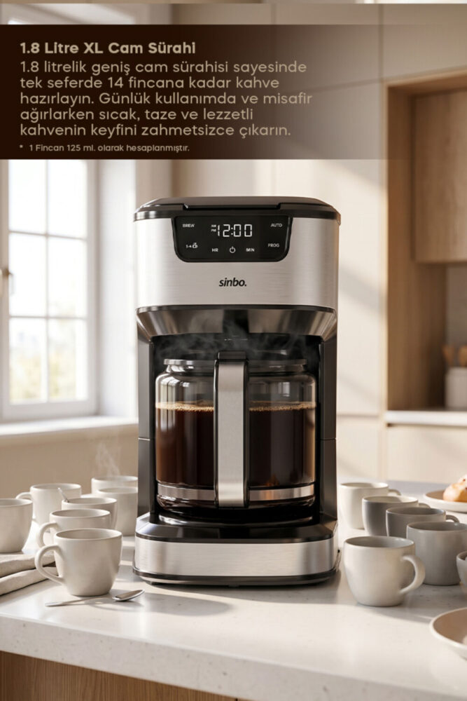 Sinbo SCM-9041 Dokunmatik Dijital Tuşlu, Otomatik Zaman Ayarlı XL 14 Fincan Filtre Kahve Makinesi - Görsel 2