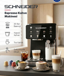 Schneider Espresso Latte ve Kahve Makinesi dokunmatik 20 Bar Basınç, Kapsül Kahve Destekli, Çok Programlı ve Buharlı Süt Köpürtücülü