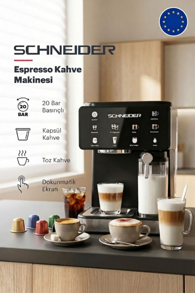 Schneider Espresso Latte ve Kahve Makinesi dokunmatik 20 Bar Basınç, Kapsül Kahve Destekli, Çok Programlı ve Buharlı Süt Köpürtücülü