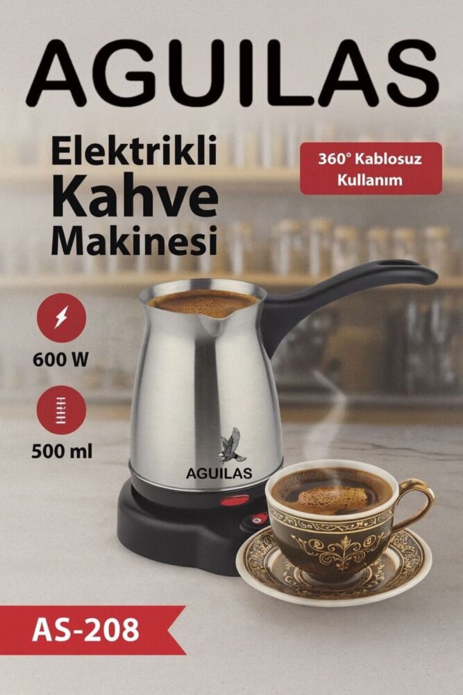 AGUILAS AS-208 Elektrikli Türk Kahve Makinesi Paslanmaz Çelik 600W 500 ml Kablosuz 360° Taban