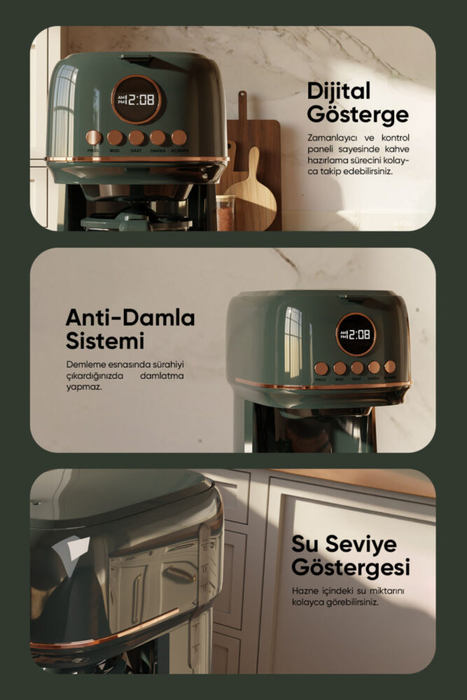 Fressi Dijital Göstergeli Yeşil 2 In 1 Filtre Kahve Ve Çay Demleme Makinesi Fr-fc09 Velluto - Görsel 2