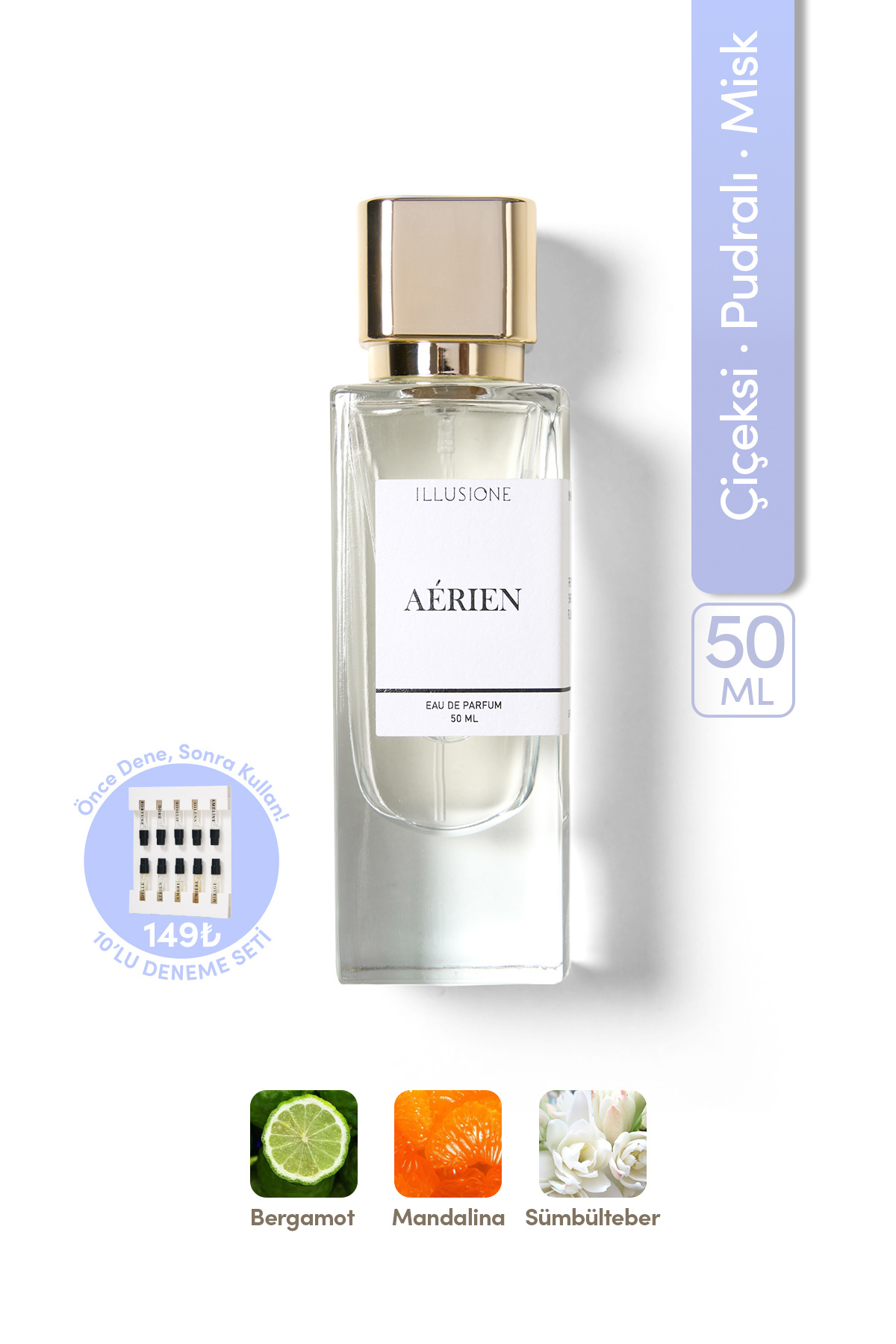 ILLUSIONE FRAGRANCE Aérien Edp Kadın Parfüm 50ml | Çiçeksi-Pudralı-Misk | Melek Otu, Sümbülteber, Amber, Vanilya