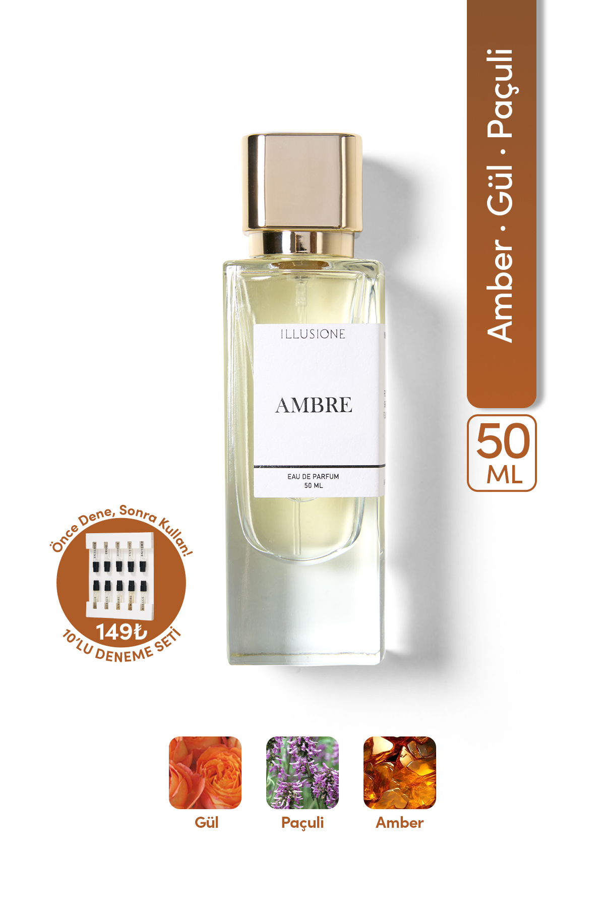 ILLUSIONE FRAGRANCE Ambre Edp Kadın Parfüm 50ml | Amber - Paçuli - Gül | Bergamot, Sedir, Karanfil, Vetiver