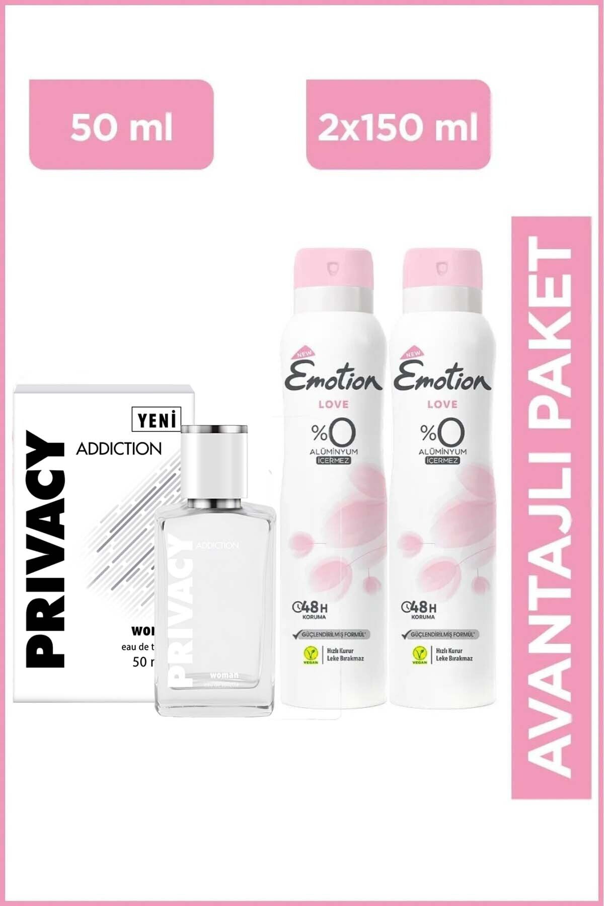 Privacy Woman Addiction Edt Kadın Parfüm 50 Ml + Emotion Love Kadın Deodorant 2x150 Ml