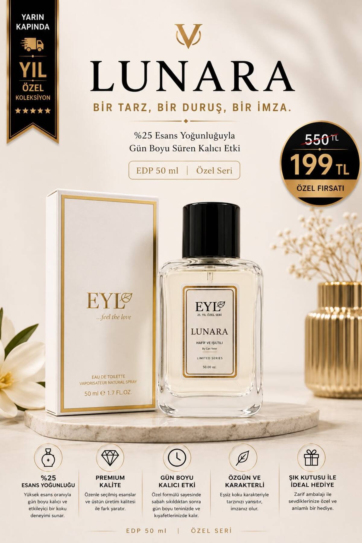 EYL COSMETIC LUNARA Esans EDP 50 ml Kadın Parfüm Kalıcı FEMİNENLİĞİN ZERAFETİ, DOĞANIN TAZELİĞİ