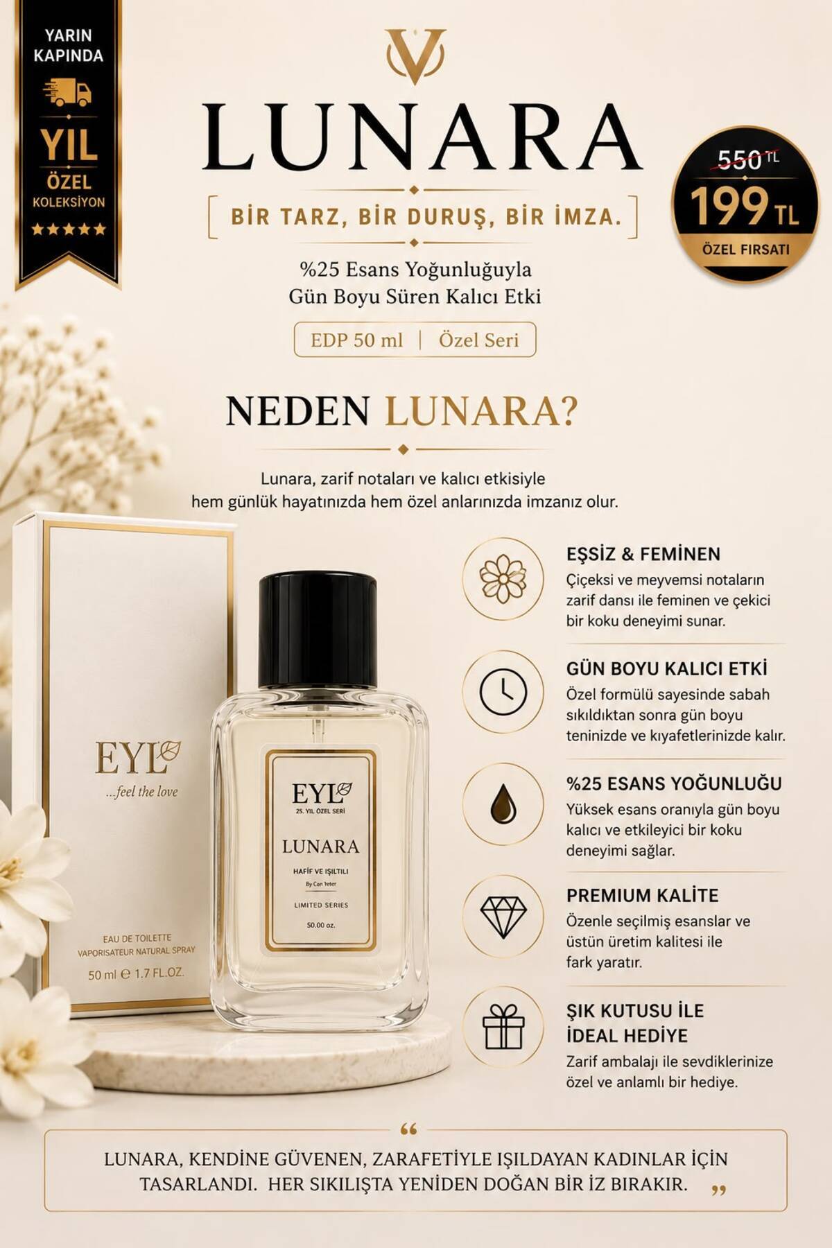 EYL COSMETIC LUNARA Esans EDP 50 ml Kadın Parfüm Kalıcı FEMİNENLİĞİN ZERAFETİ, DOĞANIN TAZELİĞİ - Görsel 2