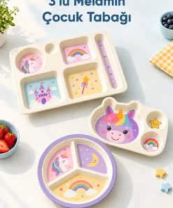 Wumboo 3'lü Melamin Çocuk Tabağı - Ekstra Dayanıklı BPA Free Beslenme Seti- Kırılmaz Çocuk Beslenme Tabağı